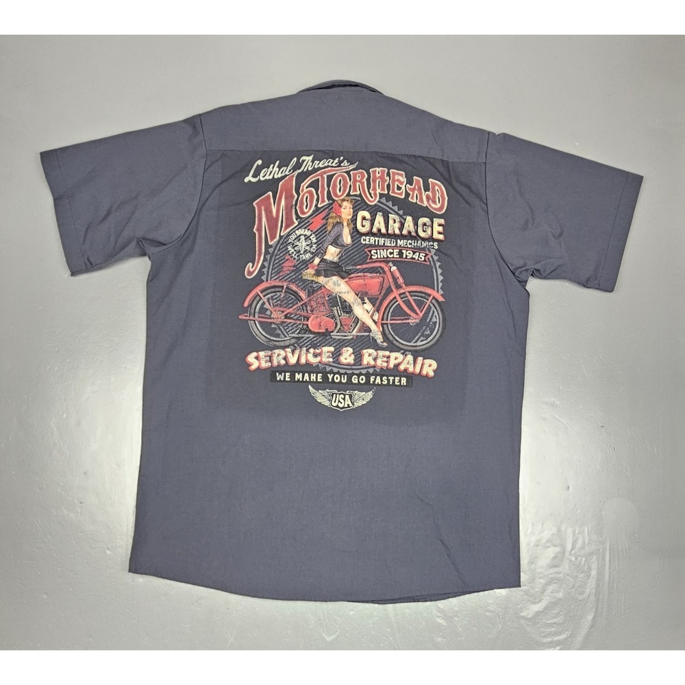 Motorhead Garage Mechanics Work Shirt Mens Lrg Gray Y2K Garage Pinup Girl Biker